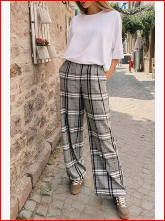 Wide Leg Palazzo Pants Elastic Waist High Rise Casual Trousers with Pockets - Picture 3 of 6